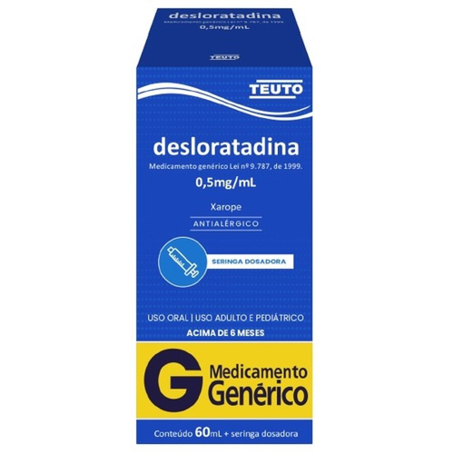 Desloratadina Teuto 0,5mg/mL, caixa com 1 frasco com 60mL de xarope + seringa dosadora Desloratadina Teuto 0,5mg/mL, caixa com 1 frasco com 60mL de xarope + seringa dosadora