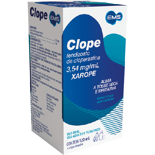 Clope 3,54mg/mL, caixa com 1 frasco com 120mL de xarope + copo medidor Clope 3,54mg/mL, caixa com 1 frasco com 120mL de xarope + copo medidor