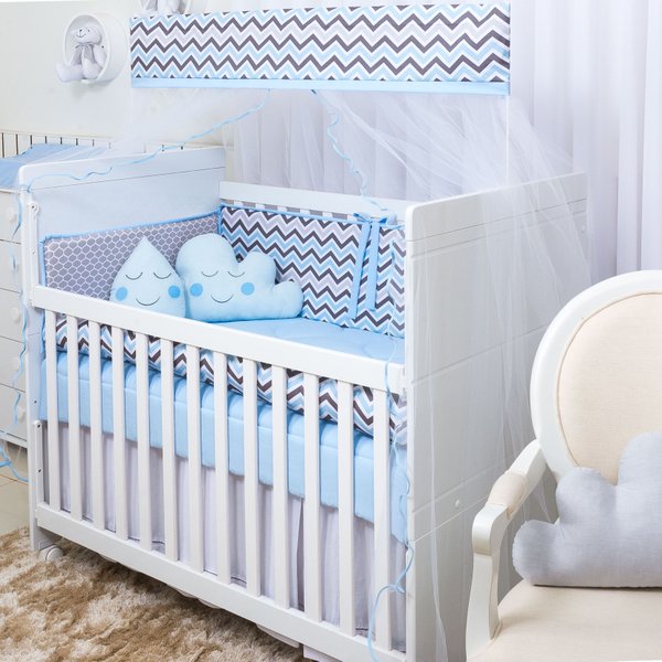 Kit Berço Chevron Azul E Cinza com Nuvem e Gotinha - 10 Peças Kit Berço Chevron Azul E Cinza com Nuvem e Gotinha - 10 Peças