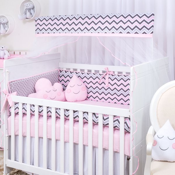 Kit Berço Chevron Rosa e Cinza com Nuvem e Gotinha - 10 Peças Kit Berço Chevron Rosa e Cinza com Nuvem e Gotinha - 10 Peças