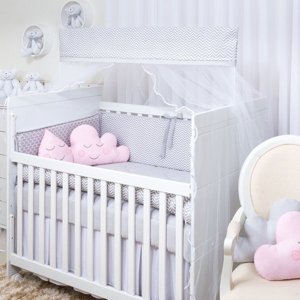 Kit Berço Chevron Cinza com Nuvem e Gotinha Rosa - 10 Peças Kit Berço Chevron Cinza com Nuvem e Gotinha Rosa - 10 Peças
