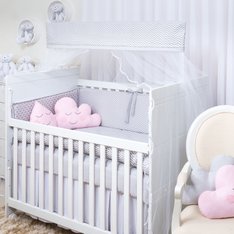 Kit Berço Chevron Cinza com Nuvem e Gotinha Rosa - 10 Peças Kit Berço Chevron Cinza com Nuvem e Gotinha Rosa - 10 Peças