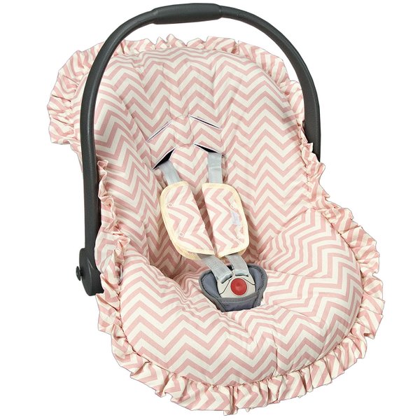 Capa para Bebê Conforto Estampado e Protetor de Cinto Chevron Rosé - 3 Peças Capa para Bebê Conforto Estampado e Protetor de Cinto Chevron Rosé - 3 Peças