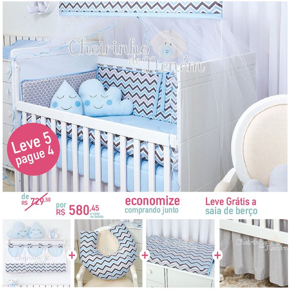 Quarto Chevron Azul e Cinza - 16 peças Quarto Chevron Azul e Cinza - 16 peças