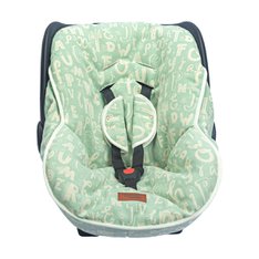 Capa Bebê Conforto e Protetor de Cinto Ajustável, 100% Algodão Estampa Letras Verdes - 3 Peças