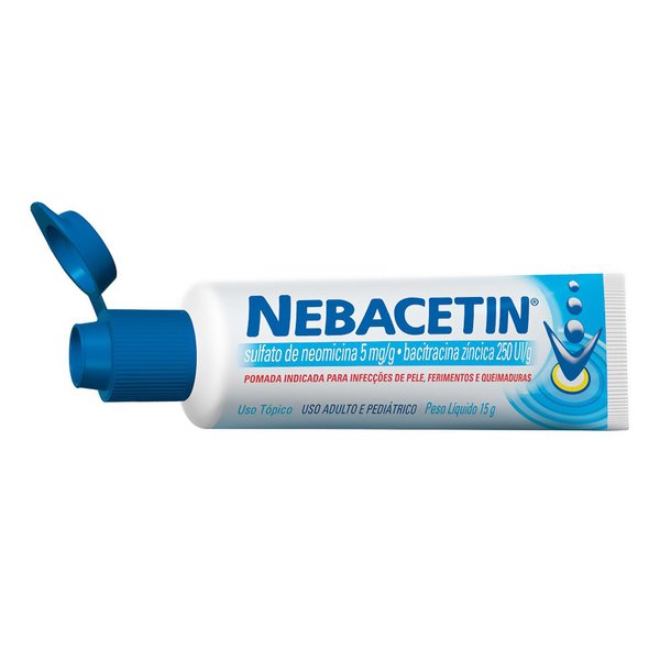 Nebacetin 5mg/g + 250UI/g, caixa com 1 bisnaga com 15g de pomada de uso dermatológico Nebacetin 5mg/g + 250UI/g, caixa com 1 bisnaga com 15g de pomada de uso dermatológico