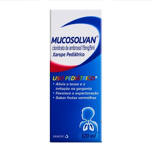 Mucosolvan 3mg/mL, caixa com 1 frasco com 120mL de xarope de uso pediátrico Mucosolvan 3mg/mL, caixa com 1 frasco com 120mL de xarope de uso pediátrico