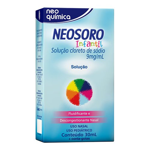 Neosoro Infantil 9mg/mL + 0.1mg/mL, caixa com 1 frasco com 30mL de solução de solução de uso nasal Neosoro Infantil 9mg/mL + 0.1mg/mL, caixa com 1 frasco com 30mL de solução de solução de uso nasal