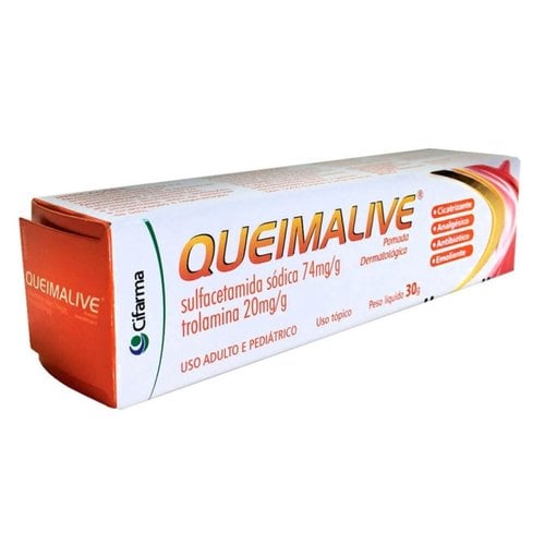 Queimalive 74mg/g + 20g/g, caixa com 1 bisnaga com 30g de pomada de uso dermatológico Queimalive 74mg/g + 20g/g, caixa com 1 bisnaga com 30g de pomada de uso dermatológico