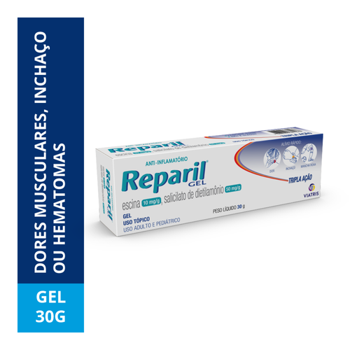 Reparil 10mg/g + 50mg/g, caixa com 1 bisnaga com 30g de gel de uso dermatológico Reparil 10mg/g + 50mg/g, caixa com 1 bisnaga com 30g de gel de uso dermatológico