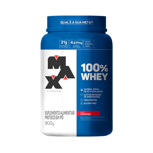 100% Whey Sabor Morango Max Titanium 900g 100% Whey Sabor Morango Max Titanium 900g
