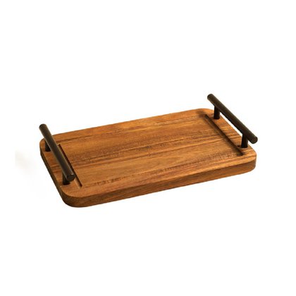 Bandeja Retangular Acacia com Alça Metal 30cm Oikos COZ05222NAT01 Bandeja Retangular Acacia com Alça Metal 30cm Oikos COZ05222NAT01
