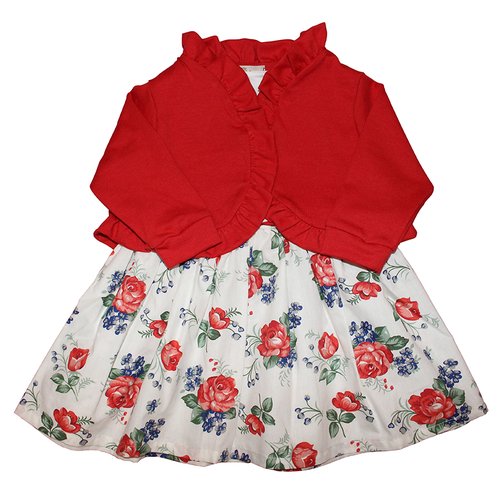 Vestido + Casaco Glamour Floral Vermelho Bebê Menina