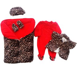 Saída de Maternidade Oncinha Strass Vermelho Plush 5 Peças Saída de Maternidade Oncinha Strass Vermelho Plush 5 Peças