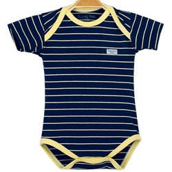 Body de Bebê Marinho com Listras Amarelas Manga Curta Body de Bebê Marinho com Listras Amarelas Manga Curta