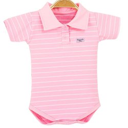 Body de Bebê Rosa com Listras Brancas Pólo Manga Curta Body de Bebê Rosa com Listras Brancas Pólo Manga Curta
