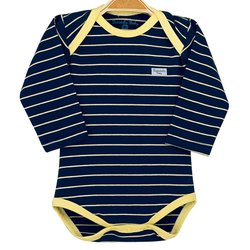 Body de Bebê Marinho com Listras Amarelas Manga Longa Body de Bebê Marinho com Listras Amarelas Manga Longa