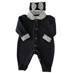 Macacão de Bebê + Faixa Preto com Oncinha Manga Longa Macacão de Bebê + Faixa Preto com Oncinha Manga Longa