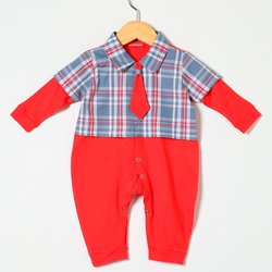 Macacão de Bebê Manga Longa Xadrez Vermelho Gravata Macacão de Bebê Manga Longa Xadrez Vermelho Gravata