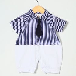 Macacão de Bebê Verão Gravatinha Branco com Marinho Macacão de Bebê Verão Gravatinha Branco com Marinho