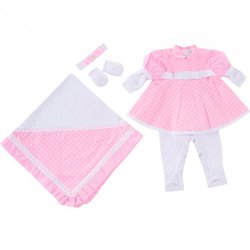 Saída de Maternidade Bonequinha Poá Rosa Branco 5 Peças Saída de Maternidade Bonequinha Poá Rosa Branco 5 Peças