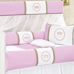 Kit Berço Coroa Princesa Rosa 100% Algodão 8 Peças Kit Berço Coroa Princesa Rosa 100% Algodão 8 Peças
