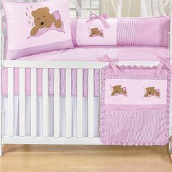 Saia de Berço Bebê Urso Rosa 100% Algodão Saia de Berço Bebê Urso Rosa 100% Algodão
