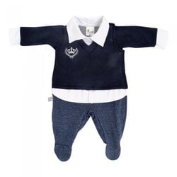 Macacão de Bebê Meu Príncipe Jeans Marinho Malha Macacão de Bebê Meu Príncipe Jeans Marinho Malha