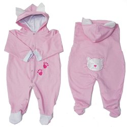 Macacão Manga Longa Gatinha Rosa Capuz Macacão Manga Longa Gatinha Rosa Capuz