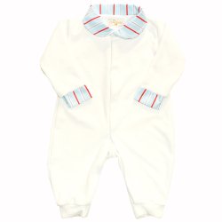 Macacão Manga Longa Basic Branco com Listras Azul Plush Macacão Manga Longa Basic Branco com Listras Azul Plush