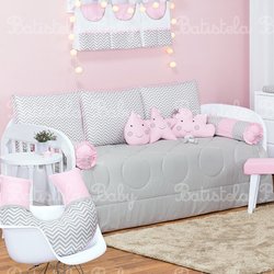 Kit Cama Babá Chevron Nuvem e Gotinha Rosa 9 Peças Kit Cama Babá Chevron Nuvem e Gotinha Rosa 9 Peças