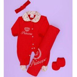 Saída de Maternidade Princesa Vermelho Malha 4 Peças Saída de Maternidade Princesa Vermelho Malha 4 Peças