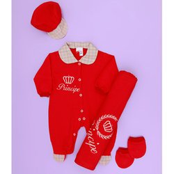 Saída de Maternidade Príncipe Vermelho Bebê Menino 4 Peças Malha Saída de Maternidade Príncipe Vermelho Bebê Menino 4 Peças Malha