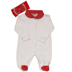 Macacão Manga Longa Mili Branco com Poazinho Vermelho 2 Peças Macacão Manga Longa Mili Branco com Poazinho Vermelho 2 Peças