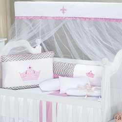 Kit Berço Coroa Realeza Chevron Rosa 100% Algodão 9 Peças Kit Berço Coroa Realeza Chevron Rosa 100% Algodão 9 Peças