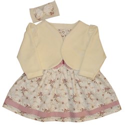 Vestido de Bebê Miss Floral Palha com Rosê 3 Peças Vestido de Bebê Miss Floral Palha com Rosê 3 Peças