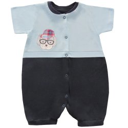 Macacão Curto de Bebê Cachorro Azul e Marinho Macacão Curto de Bebê Cachorro Azul e Marinho