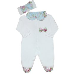 Macacão Longo De Bebê Mili Branco e Floral Azul 2 Peças Macacão Longo De Bebê Mili Branco e Floral Azul 2 Peças