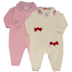 Macacão Longo de Bebê Laços Rosa e Palha 2 Peças Macacão Longo de Bebê Laços Rosa e Palha 2 Peças