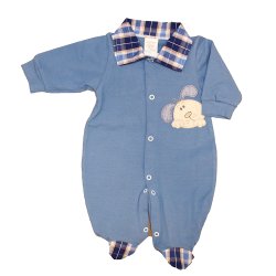 Macacão Longo de Bebê Dog Azul com Xadrez Macacão Longo de Bebê Dog Azul com Xadrez