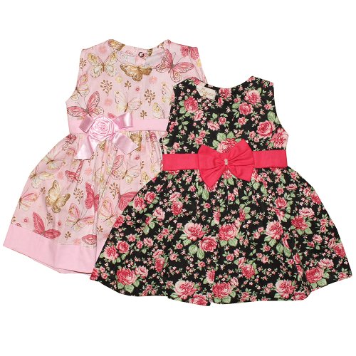 Kit Vestido de Bebê Floral Preto e Borboleta Rosa 2 Peças