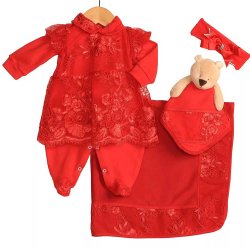 Saída de Maternidade Thalita Vermelho Renda 5 Peças Saída de Maternidade Thalita Vermelho Renda 5 Peças
