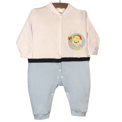 Macacão Longo de Bebê Urso Azul e Branco Malha Macacão Longo de Bebê Urso Azul e Branco Malha