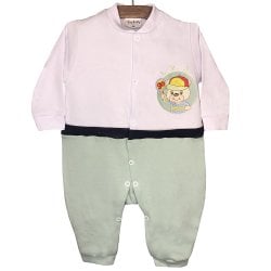 Macacão Longo de Bebê Urso Verde e Branco Malha Macacão Longo de Bebê Urso Verde e Branco Malha