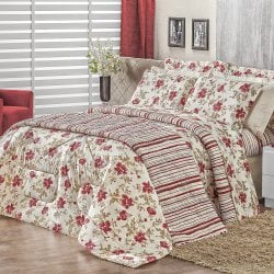 Edredom Queen Floral e Listras Vermelho Dupla Face Malha Edredom Queen Floral e Listras Vermelho Dupla Face Malha