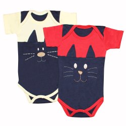 Body de Bebê Gatinho Marinho e Vermelho P 2 Peças Body de Bebê Gatinho Marinho e Vermelho P 2 Peças