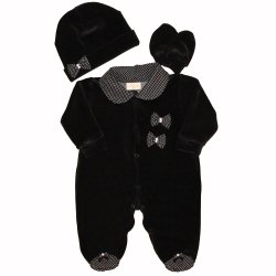 Kit Macacão Longo de Bebê Lacinho Preto Plush + Touca + Luva Kit Macacão Longo de Bebê Lacinho Preto Plush + Touca + Luva