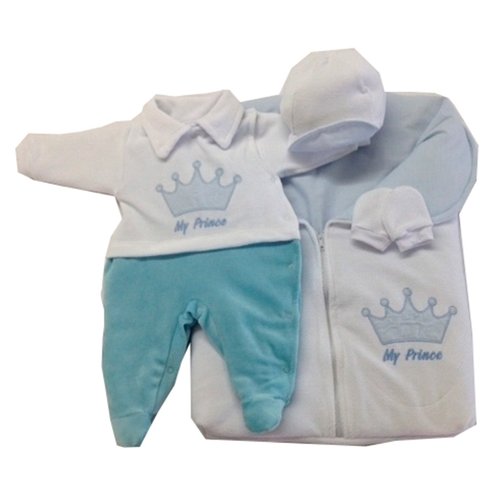 Saída de Maternidade Príncipe Branco - Azul 4 Peças Bebê Menino