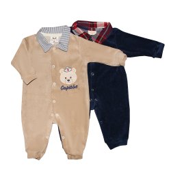 Kit Macacão Longo de Bebê Bege e Marinho Plush Kit Macacão Longo de Bebê Bege e Marinho Plush