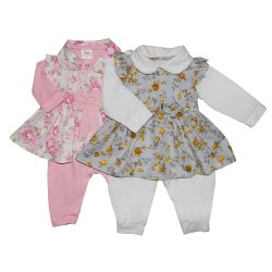 Kit Macacão Longo de Bebê Rosa Malha e Floral Cinza Plush Kit Macacão Longo de Bebê Rosa Malha e Floral Cinza Plush